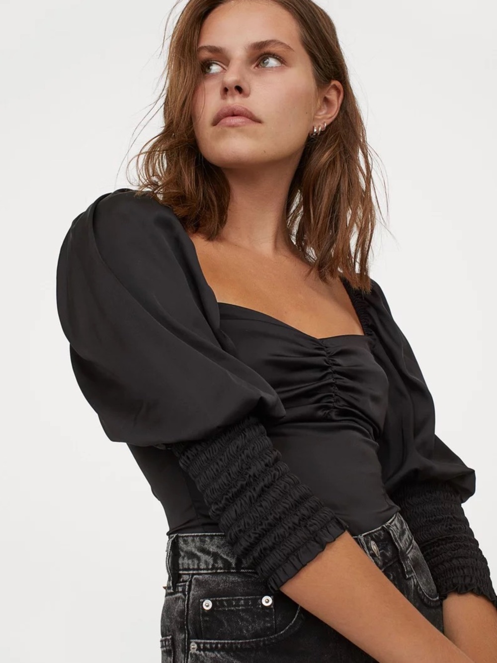 H&M Black Ruched Square-Neck Puff-Sleeve Top
